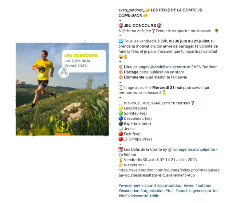 Post Instagram pour les défis de la Comté qui met en avant le jeu concours que l'agence propose.